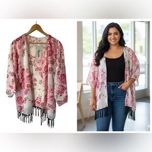 Simply NYC Pink Floral Shrug with Black Fringe